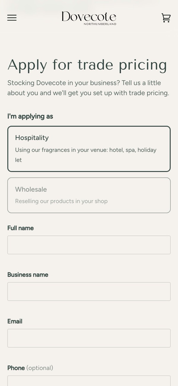 Dovecote’s Become a stockist page on a phone: the trade application, with a choice between hospitality and wholesale and the first fields of the form