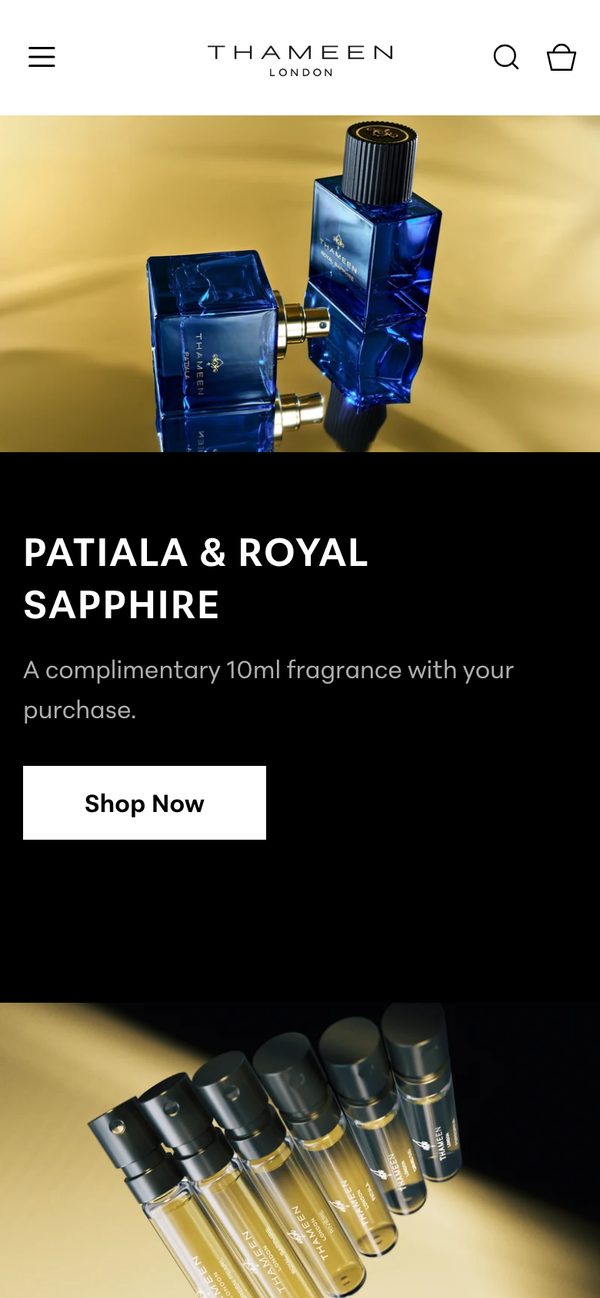 Thameen London’s homepage on a phone with JavaScript switched off: the header, then the first slide of the banner, a photo of two blue fragrance bottles with its heading and Shop Now button, and the top of the next section below
