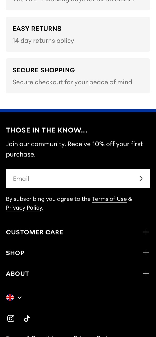 Thameen London’s footer sign-up on a phone: Those in the know, join our community, receive 10% off your first purchase, and an email box