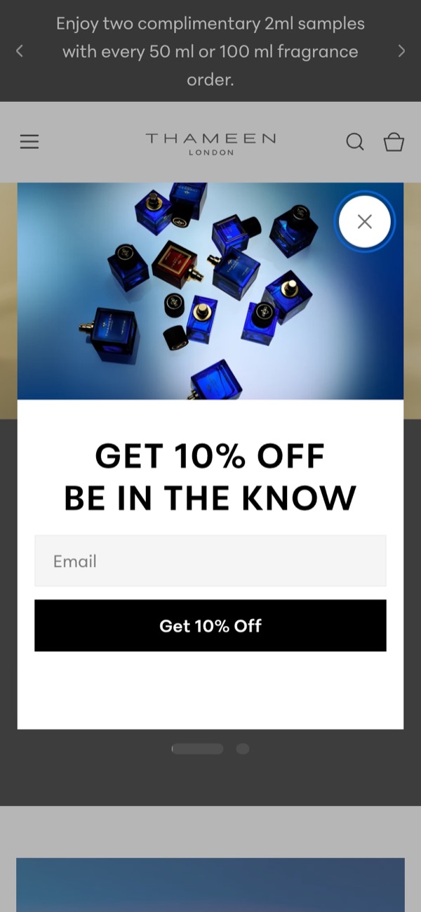 Thameen London’s pop-up on a phone: Get 10% off, be in the know, an email box and a Get 10% Off button